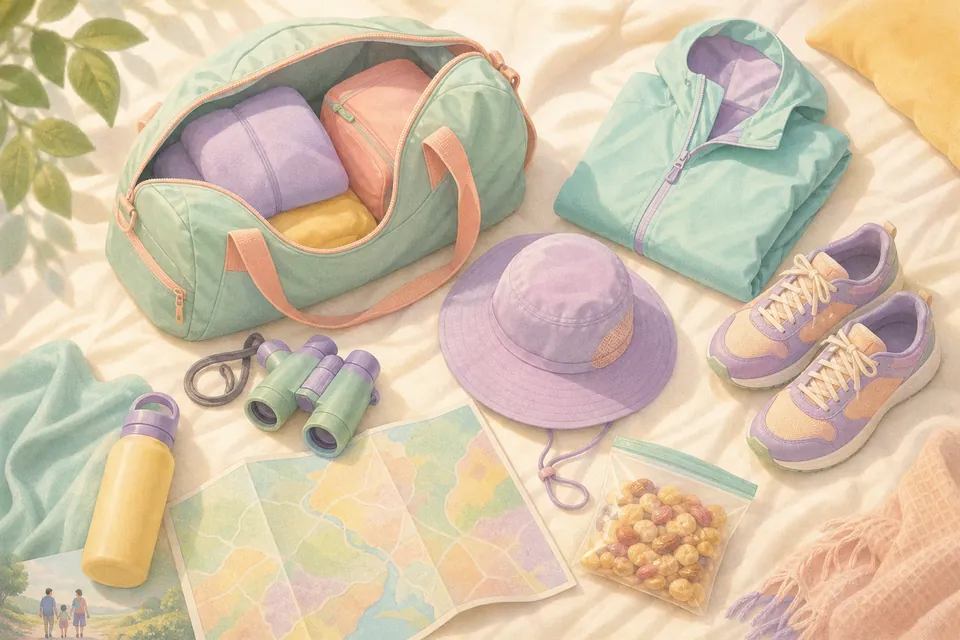 Pastel illustration of a weekend bag with jacket, shoes, binoculars and snacks on a bedspread