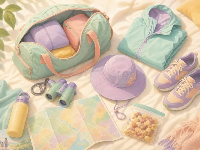 Pastel illustration of a packed weekend bag with a rain jacket, sneakers, binoculars, a sun hat and a map