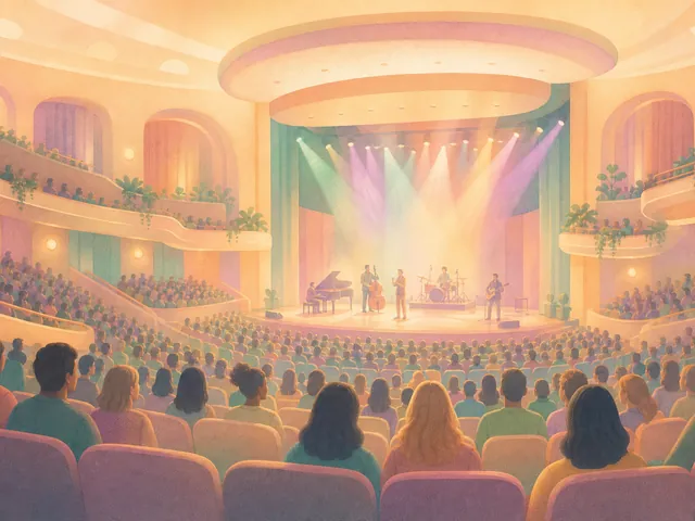 Pastel illustration of a concert audience facing a lit stage