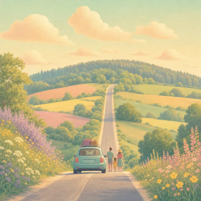 Pastel illustration of a family beside their car at the foot of a country road that rises toward a wooded ridge