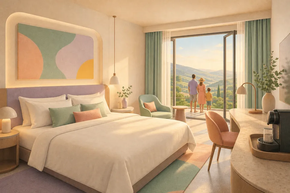 Pastel illustration of a hotel room with a king bed, a granite-topped desk and a window open to green hills