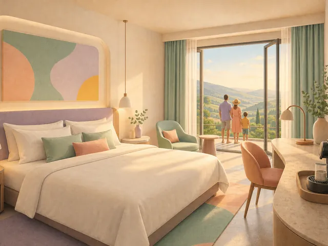 Pastel illustration of a calm hotel room with a king bed, a stone desk and an open window over hills