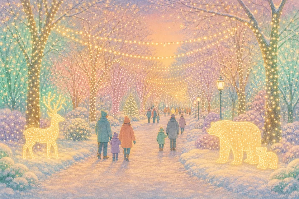 Pastel illustration of families on a snowy path lit by holiday lights and glowing deer and bear shapes