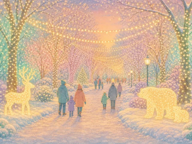 Pastel illustration of families on a lit winter path in a park