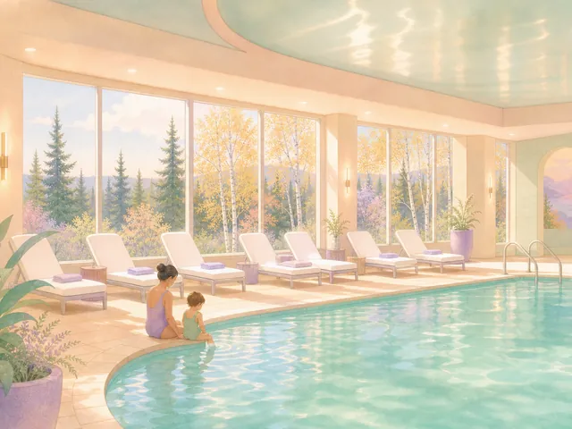 Pastel illustration of an indoor pool with loungers, tall windows onto spruce and birch trees, and a parent and child at the edge