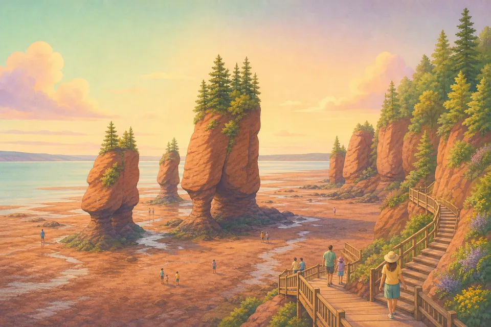 Pastel illustration of sea stacks on a tidal mudflat with small figures walking and a staircase down a cliff