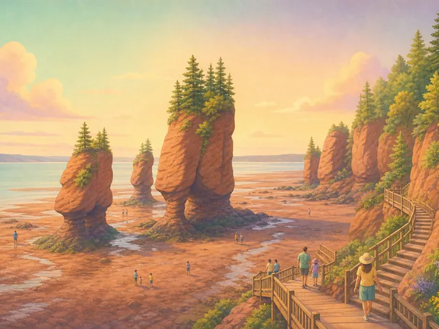Pastel illustration of tall reddish sea stacks topped with trees on a wide tidal mudflat, with visitors and a wooden staircase