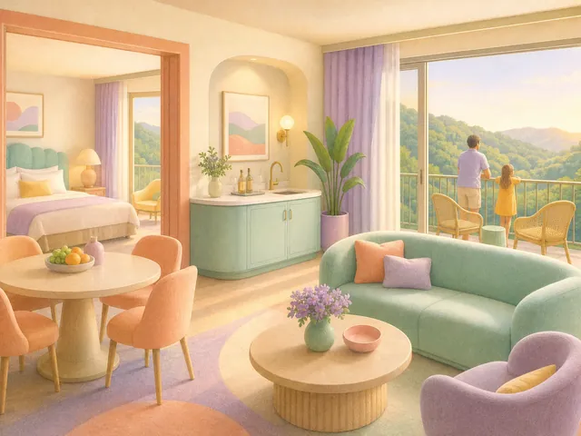 Pastel illustration of an airy suite with a sofa, a round table and a doorway to a bedroom